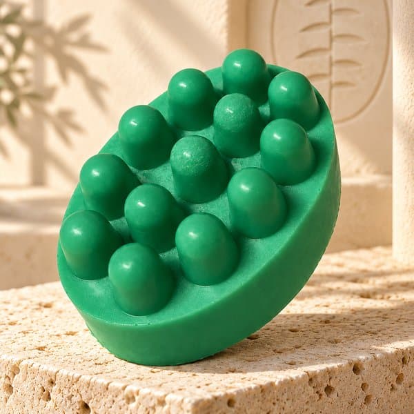 Organic Avocado Soap on a stone plinth in the branded cream studio