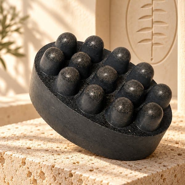 Organic Charcoal Soap, a black bar on a stone plinth in the branded cream studio