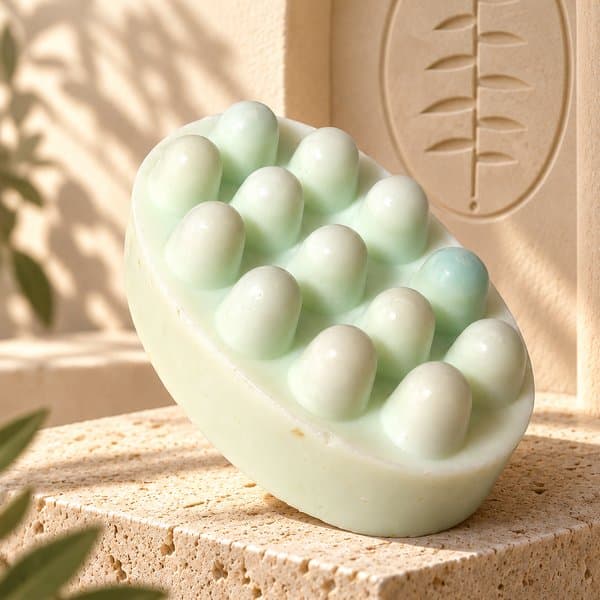 Goat Milk Soap on a stone plinth in the branded cream studio