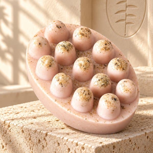 Organic Lavender Soap on a stone plinth in the branded cream studio