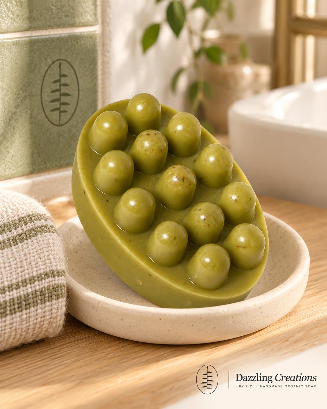 Organic Olive Oil Soap on a ceramic dish beside folded linen on a bathroom shelf