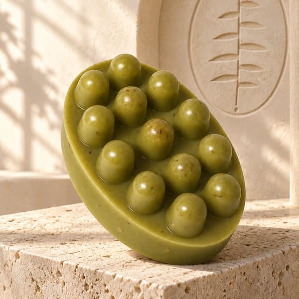 Organic Olive Oil Soap on a stone plinth in the branded cream studio