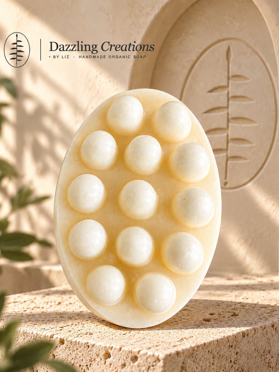 Organic Beef Tallow Soap, a cream bar on a stone plinth in the branded cream studio