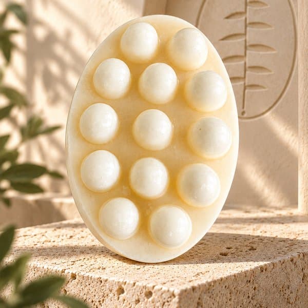 Organic Beef Tallow Soap, a cream bar on a stone plinth in the branded cream studio