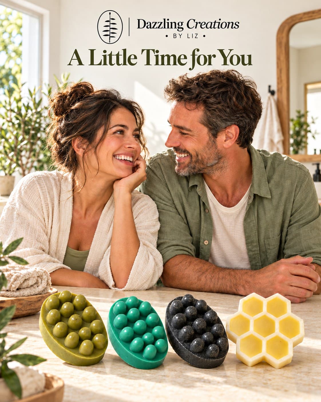 A smiling couple at a sunlit counter with four Dazzling Creations soaps: olive, avocado, charcoal and honey.